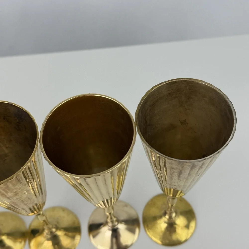 Vintage Brass Champagne Flutes Set of 4 Ribbed Fluted Goblets 9